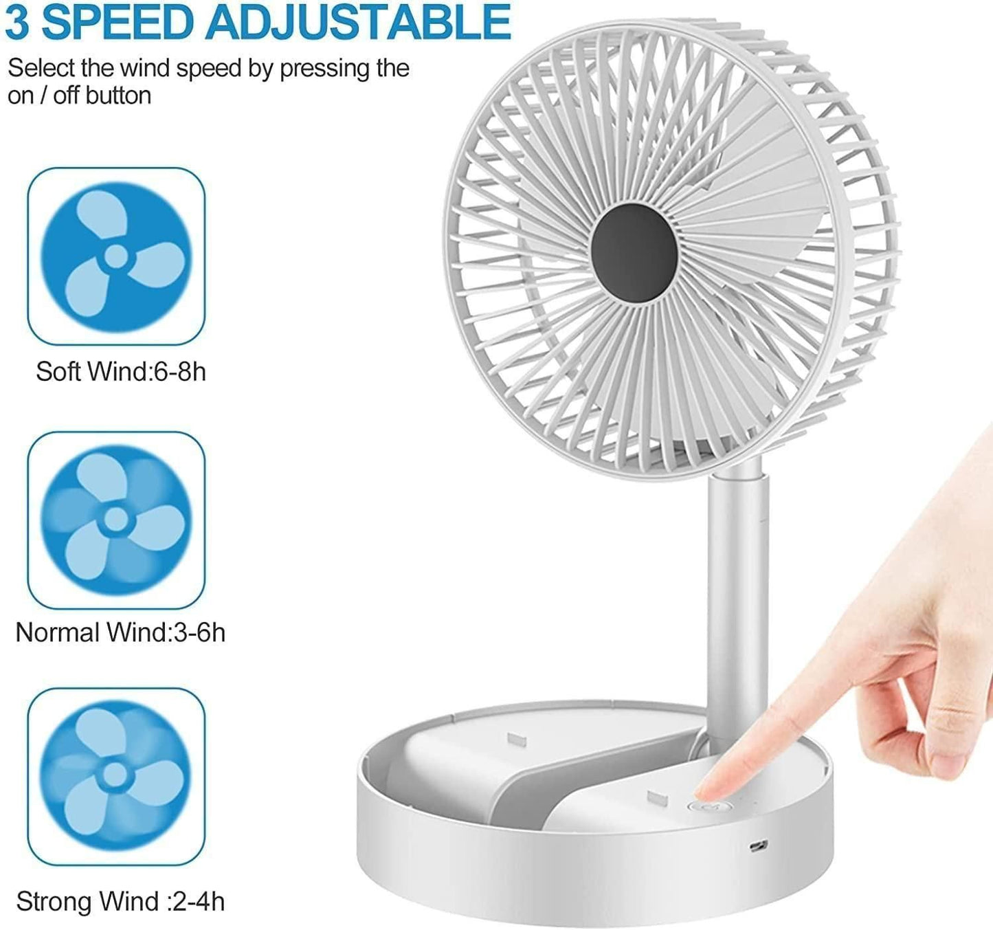 Powerful Rechargeable High Speed Table Desk Fan USB Type-C Fan, 3 Speed Battery